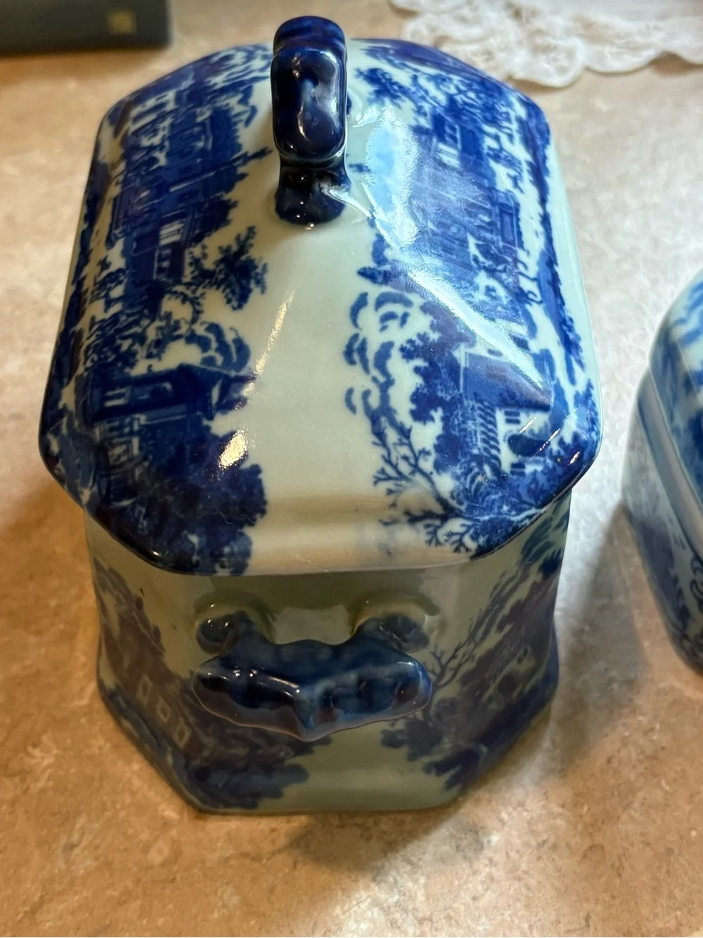VTG Chinoiserie Ceramic Lidded Canister Trinket Box Set Transferware Style